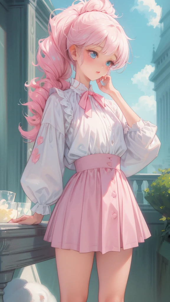 1girl, pink ponytail, half body, thighs socks, messy curly hair, multiple poses, detailed facial features, beautiful eyes, beautiful lips, delicate features, cinematic lighting, dramatic angles, ethereal, pastel colors, dreamlike, soft focus, digital art, masterpiece, cloudy weather, heterochromia, fluffy, standing