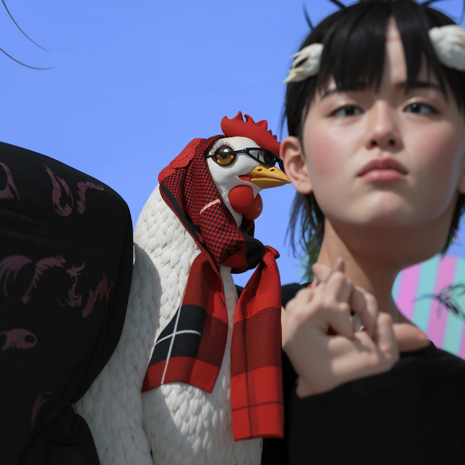 Asian boy, good lighting, smooth hair, glossy skin, blur background, high quality, 8k resolution, chicken