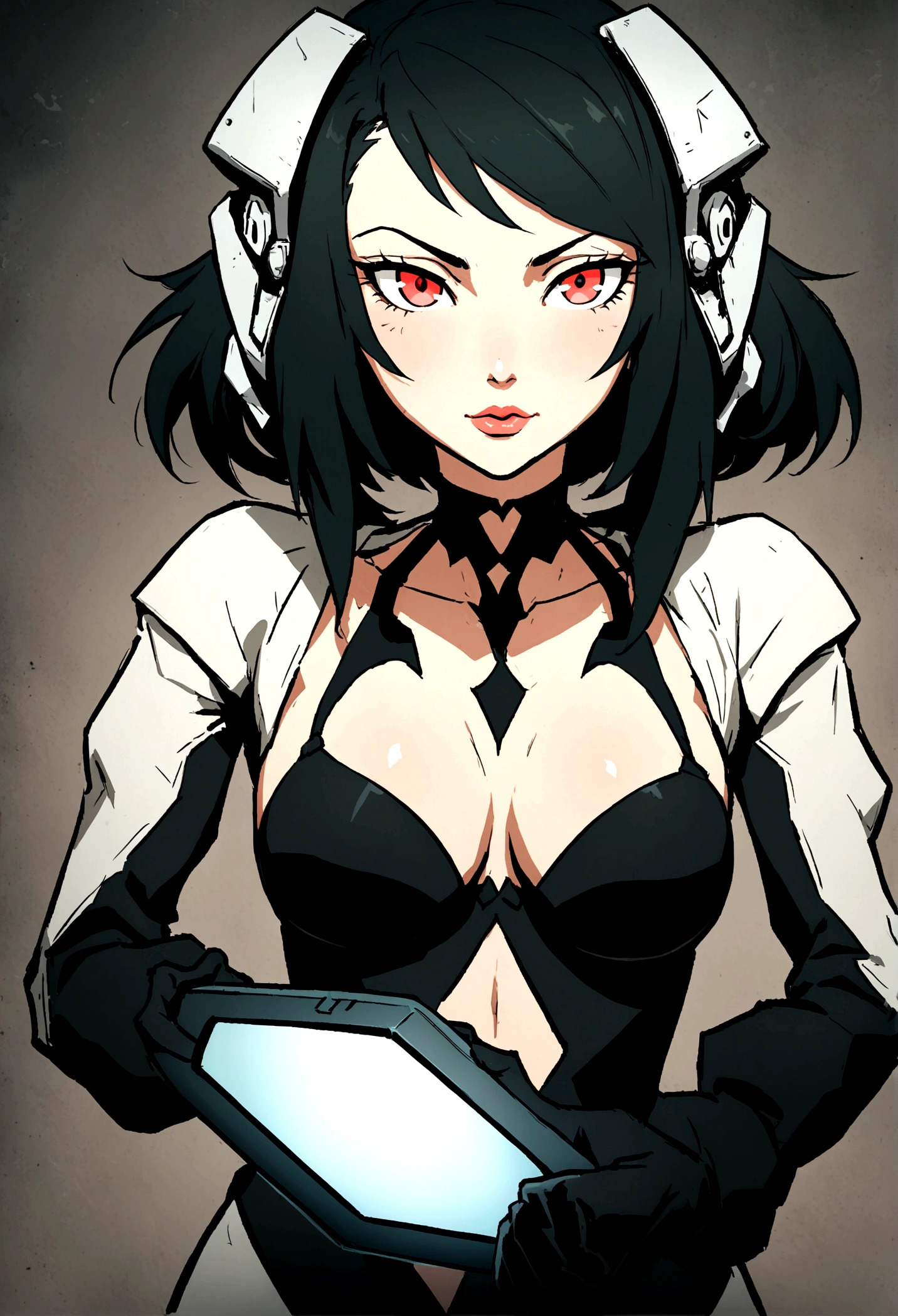 il y a une femme peau clair sans tatouage, yeux verts, cheveux noirs avec mèches violettes, casque blanc avec des cornes au dessus, qui à l'air fatigué qui utilise un ordinateur portable, joue au jeux vidéos Alena Aenami et Artgerm, oeuvre d'art dans le style de guweiz, illustration numérique d'anime, lois van rossdessine, Art numérique Ilya Kuvshinov, fille anime séduisante, artgerm de style, graphiste artgerm, numérique encré, artgasme