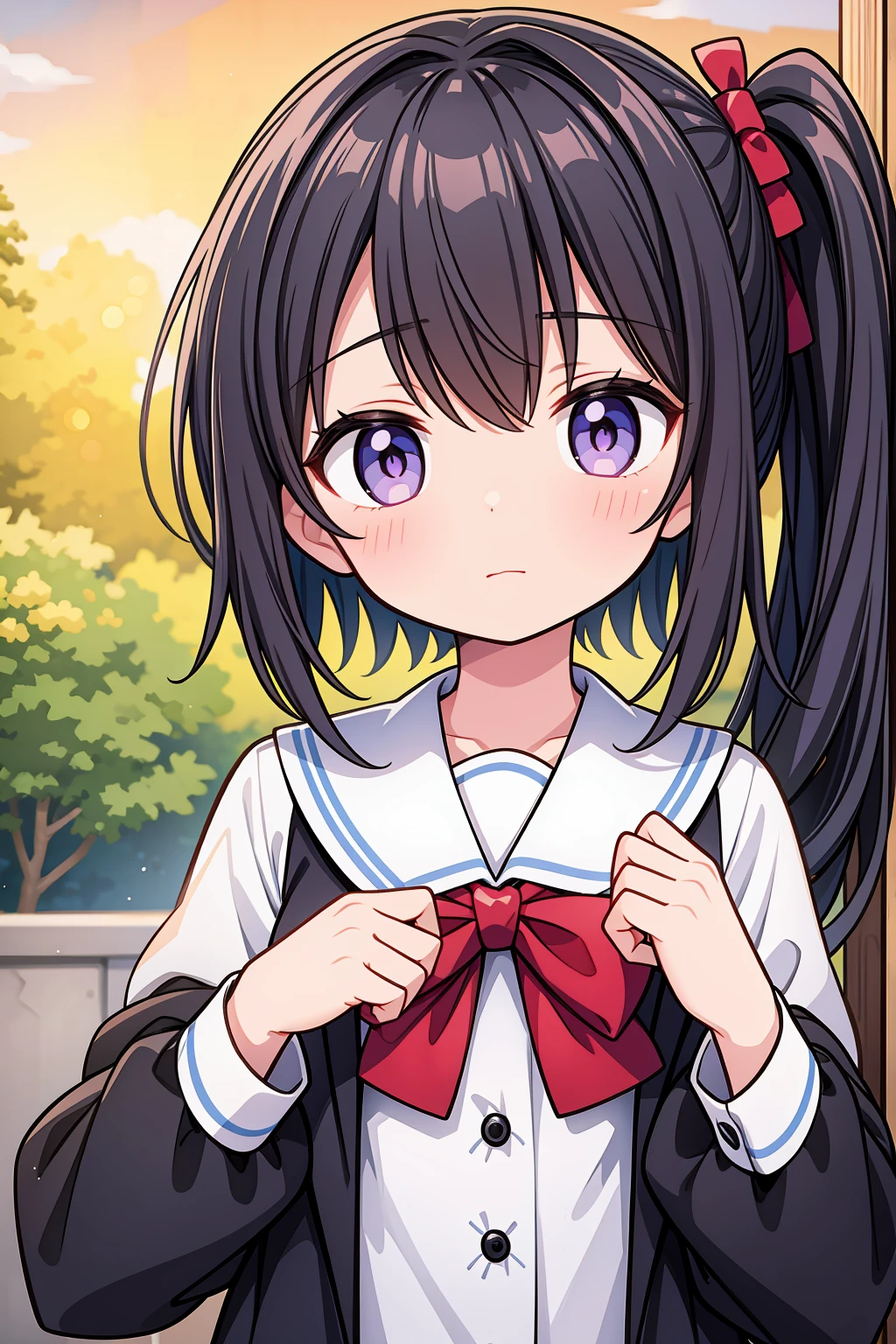 (High quality), (masterpiece), (very detailed), (dynamic lighting), (loli), girl, (very small bust), short black hair, hairstyle with a side ponytail, purple eyes, shy face, showing her thighs, on the school yard, sunny, camera angle from below, adorable eyes, (school uniform), detailed hands, more details, EasyNegativeV2, school background