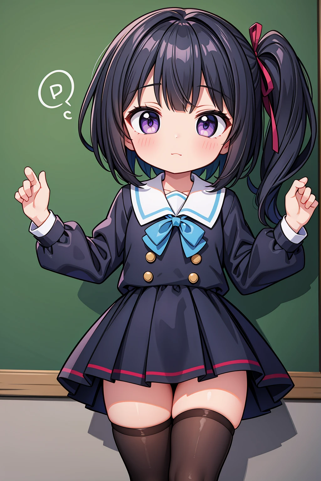 (High quality), (masterpiece), (very detailed), (dynamic lighting), (loli), girl, (very small bust), short black hair, hairstyle with a side ponytail, purple eyes, shy face, showing her thighs, on the school yard, sunny, camera angle from below, adorable eyes, (school uniform), detailed hands, more details, EasyNegativeV2, school background