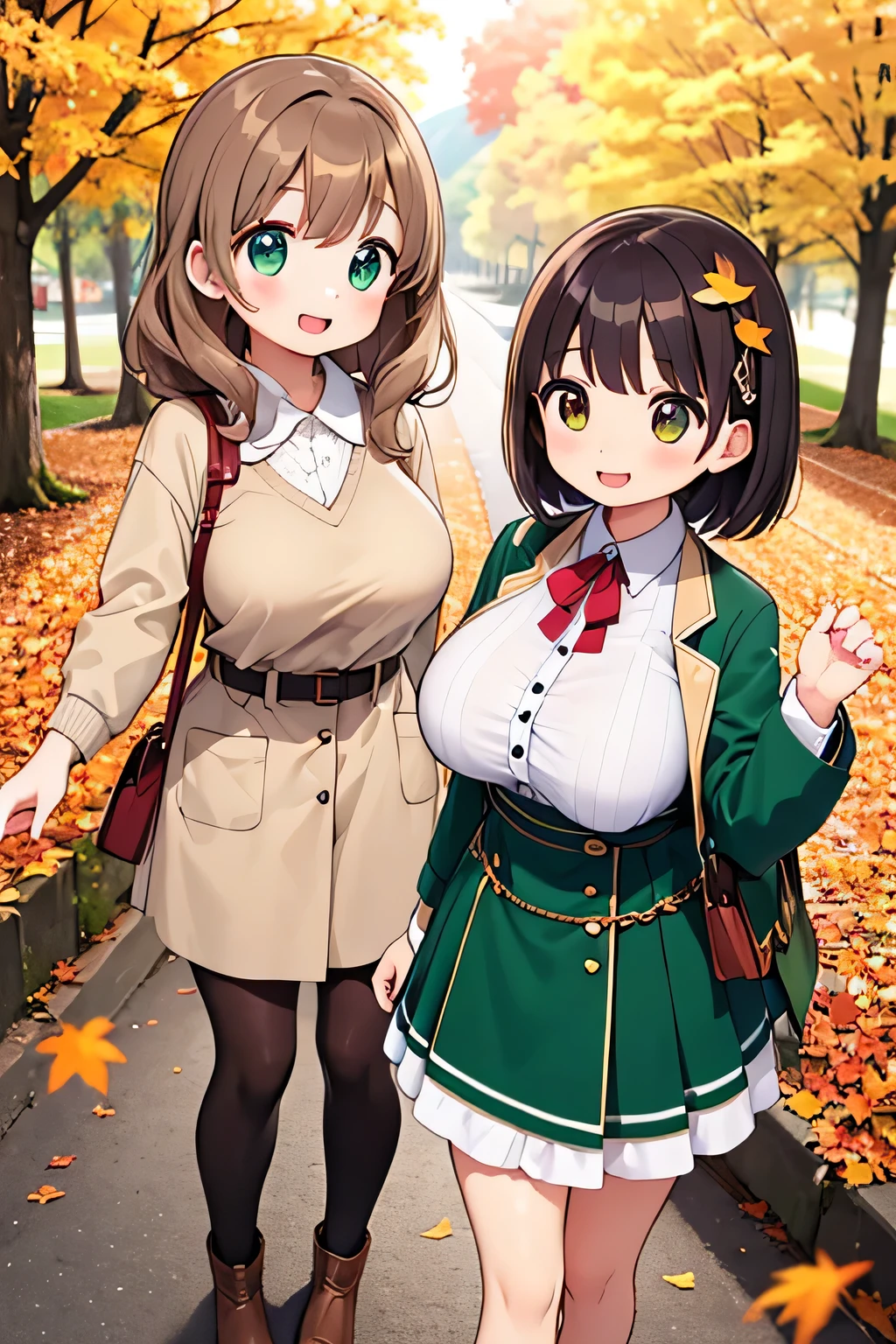 Highest quality、High resolution、Detailed Background、(Beautiful face in every detail:1.4)、Anatomically correct、(Detailed facial expressions)、Beautiful women in their 20s、(Highly detailed face:1.2)、(Huge breasts:1.2)、Cute hair colour、Cute hairstyle、Perfect body line、Cute Eye Makeup、Cute Lip Makeup、well-groomed eyebrows、A big smile、Do cute things、
(Two beautiful women looking at you with happy expressions:1.5)、
色づき始めたwood々The leaves are swaying slowly in the wind、The sky is clear、The mountain ranges in the distance are clearly visible、
wood々The leaves that fell from the branches of、Gracefully descending to the ground、The leaves gather together, swirl, and fly up、
Colorful fallen leaves are scattered along the road、Every time I walk, it makes a rustling sound as it gets crushed.、
wood々The soft sunlight filtering through the branches gently illuminates the fallen leaves.、
In the light, small birds are busily flying around.、Deep red or orange、yellow、It is recommended to incorporate autumn colors such as green.、Pair your feet with brown short boots.、You can create an autumn look.、
It's a good idea to choose accessories that have an autumn feel.、Necklace in gold and brown tones、Earrings、Suitable for bracelets etc.、Ribbed knit vest、Checkered Skirt、Materials such as corduroy pants also give off an autumn vibe.、Combine deep colors and warm materials overall、Outerwear such as snoods are also essential for the changing seasons.、 A sophisticated fall look with attention to detail、very beautiful