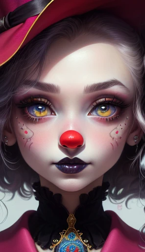 a close up of a painting of a woman with a hat and a clown face, lowbrow pop surrealism, portrait of circus artist, big gold eyes, pop surrealism lowbrow art style, by Mab Graves, goth clown girl, lowbrow art, clown girl, inspired by Mark Ryden, big sparkly eyes, inspired by Mab Graves, inspired by William Stout