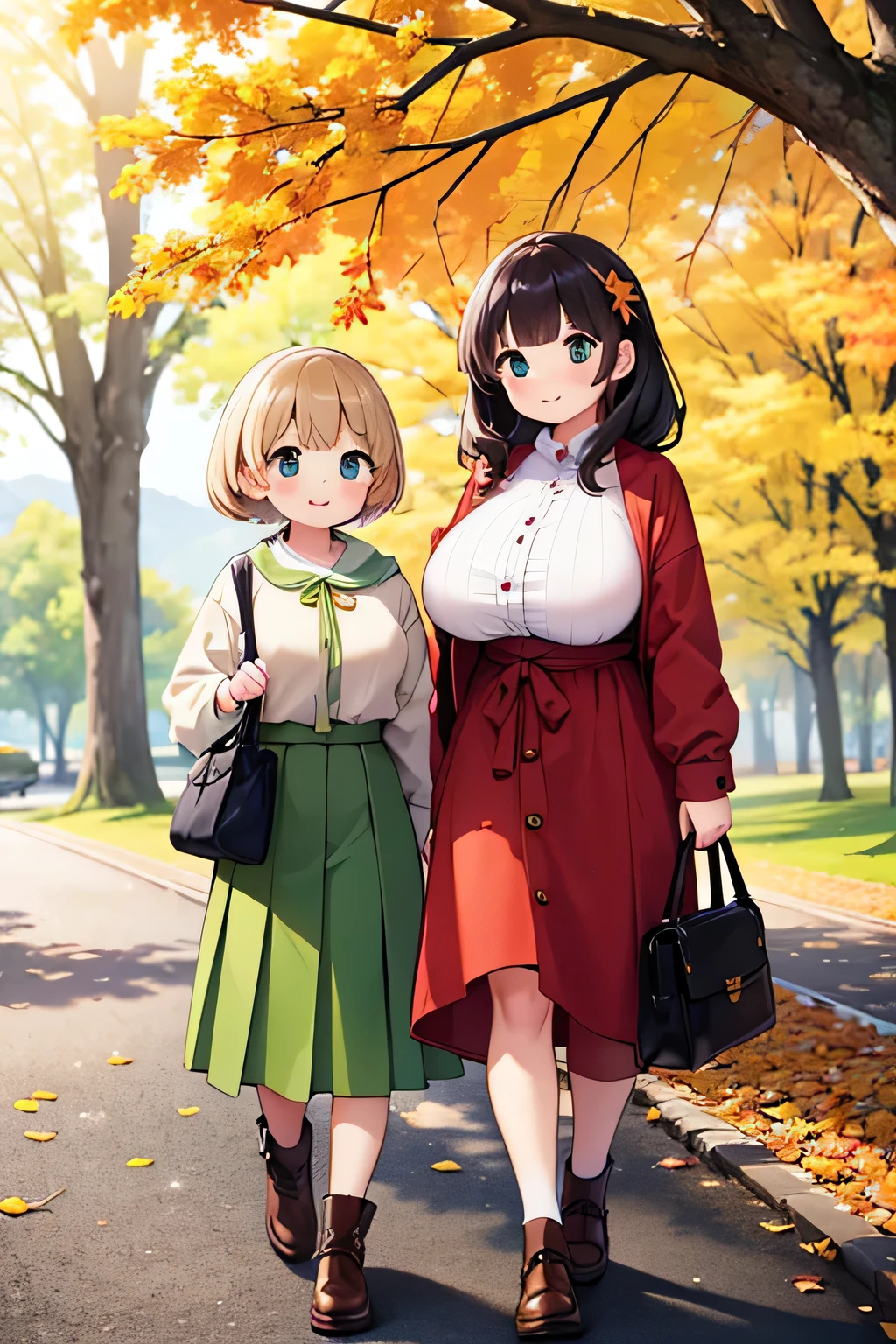 Highest quality、High resolution、Detailed Background、(Beautiful face in every detail:1.4)、Anatomically correct、(Detailed facial expressions)、Beautiful women in their 20s、(Highly detailed face:1.2)、(Huge breasts:1.2)、Cute hair colour、Cute hairstyle、Perfect body line、Cute Eye Makeup、Cute Lip Makeup、well-groomed eyebrows、A big smile、Do cute things、

(Two beautiful women looking at you with happy expressions:1.5)、

色づき始めたwood々The leaves are swaying slowly in the wind、The sky is clear、The mountain ranges in the distance are clearly visible、
wood々The leaves that fell from the branches of、Gracefully descending to the ground、The leaves gather together, swirl, and fly up、
Colorful fallen leaves are scattered along the road、Every time I walk, it makes a rustling sound as it gets crushed.、
wood々The soft sunlight filtering through the branches gently illuminates the fallen leaves.、
In the light, small birds are busily flying around.、Deep red or orange、yellow、It is recommended to incorporate autumn colors such as green.、Pair your feet with brown short boots.、You can create an autumn look.、
It&#39;s a good idea to choose accessories that have an autumn feel.、Necklace in gold and brown tones、Earrings、Suitable for bracelets etc.、Ribbed knit vest、Checkered Skirt、Materials such as corduroy pants also give off an autumn vibe.、Combine deep colors and warm materials overall、Outerwear such as snoods are also essential for the changing seasons.、 A sophisticated fall look with attention to detail、very beautiful