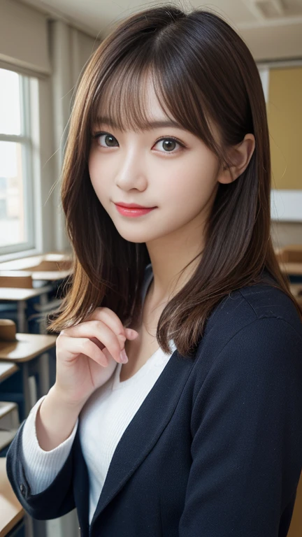 Tabletop, Highest quality, figure, Super detailed, In detail, High resolution, 8k wallpaper, Perfect dynamic composition, Beautiful attention to detail, suit,Medium Hair, Natural color lip, Random sexy poses,smile,classroom、20-year-old girl、A vivid face、Realistic Skin、Realistic eyes、cute