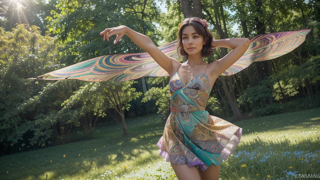A photorealistic cute, slender aerobics instructor with very short brown hair, brown eyes, and dimples, standing confidently in a surreal natural landscape. She's wearing a flowing, elegant gown that complements her figure. The background features an impossibly vibrant meadow under a brilliant blue sky. Flowers of unearthly colors and fractal patterns bloom everywhere, their petals shifting and morphing in hypnotic ways. Giant, iridescent butterflies with kaleidoscopic wings flutter by. Trees with spiral trunks reach towards a sun that seems to pulse with rainbow colors. Clouds take on impossible geometric shapes, morphing and dissolving. The air is filled with shimmering, colorful particles that seem to respond to thought. Vibrant colors include electric blues, neon pinks, luminous greens, and radiant golds, all more vivid than seems possible. The lighting is intense and dreamlike, as if reality itself is overexposed, casting no shadows. Broad strokes of bright, contrasting colors sweep across the sky, creating mesmerizing patterns - vibrant oranges, electric purples, and pulsating teals dance and swirl overhead.