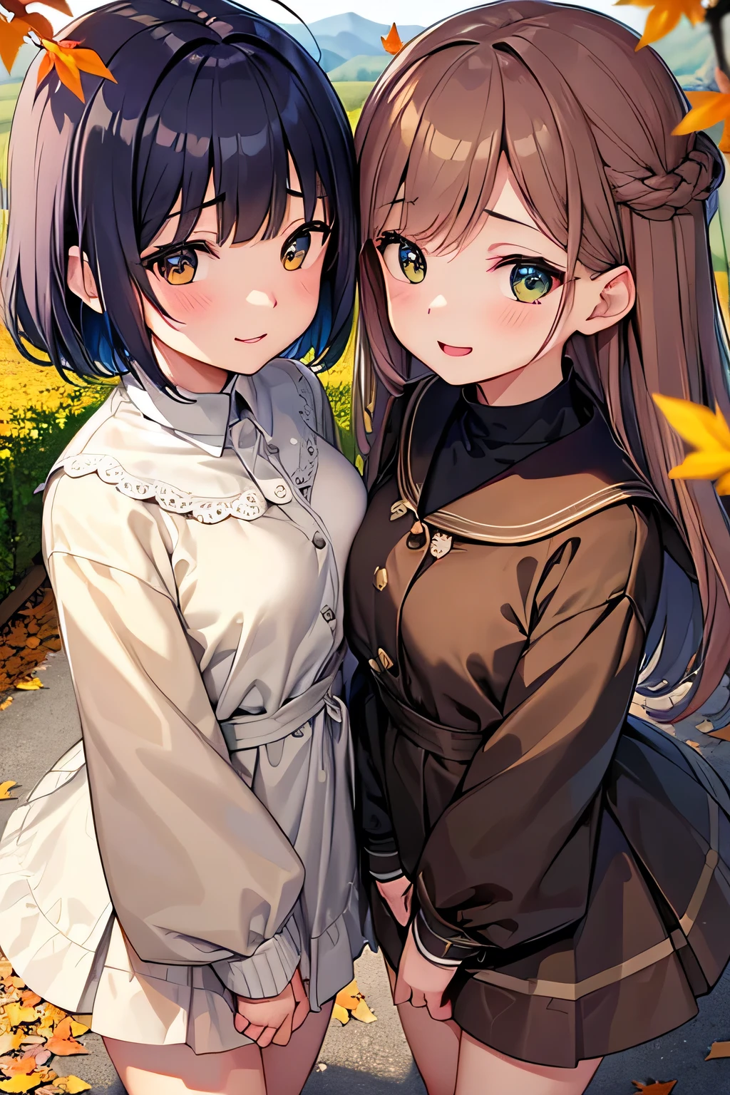 Highest quality、High resolution、Detailed Background、(Beautiful face in every detail:1.4)、Anatomically correct、(Detailed facial expressions)、Beautiful women in their 20s、(Highly detailed face:1.2)、(Huge breasts:1.2)、Cute hair colour、Cute hairstyle、Perfect body line、Cute Eye Makeup、Cute Lip Makeup、well-groomed eyebrows、A big smile、Do cute things、
(Two beautiful women looking at you with happy expressions:1.5)、
色づき始めたwood々The leaves are swaying slowly in the wind、The sky is clear、The mountain ranges in the distance are clearly visible、
wood々The leaves that fell from the branches of、Gracefully descending to the ground、The leaves gather together, swirl, and fly up、
Colorful fallen leaves are scattered along the road、Every time I walk, it makes a rustling sound as it gets crushed.、
wood々The soft sunlight filtering through the branches gently illuminates the fallen leaves.、
In the light, small birds are busily flying around.、Deep red or orange、yellow、It is recommended to incorporate autumn colors such as green.、Pair your feet with brown short boots.、You can create an autumn look.、
It's a good idea to choose accessories that have an autumn feel.、Necklace in gold and brown tones、Earrings、Suitable for bracelets etc.、Ribbed knit vest、Checkered Skirt、Materials such as corduroy pants also give off an autumn vibe.、Combine deep colors and warm materials overall、Outerwear such as snoods are also essential for the changing seasons.、 A sophisticated fall look with attention to detail、very beautiful