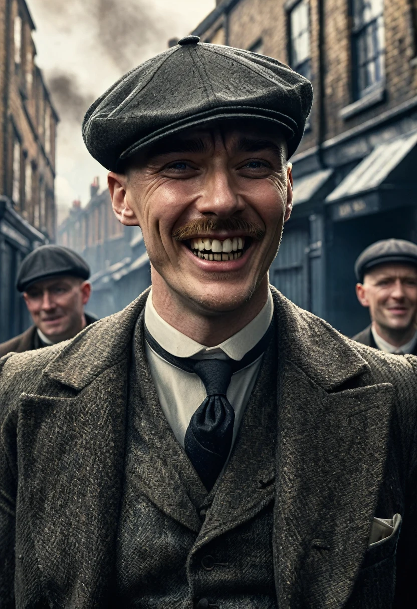 Photo of (Tcr3ws:1), um homem como um Peaky blinder, (laughing with teeth bared:1.3), (Facial Focus), model shoot style, (Extremely detailed CG 8k unity wallpaper), intricate, high détail, sharp focus, dramatic, photorealistic painting art by midjourney and greg rutkowski , (walking through the slums of London), (wearing a peaked cap:1.1), (detailed pupilss:1.2), (dynamic poses:1.2), (Peaky Blinders:1.2), (arma no coldre), (hands on hips:1.2), (close up:1.1)
