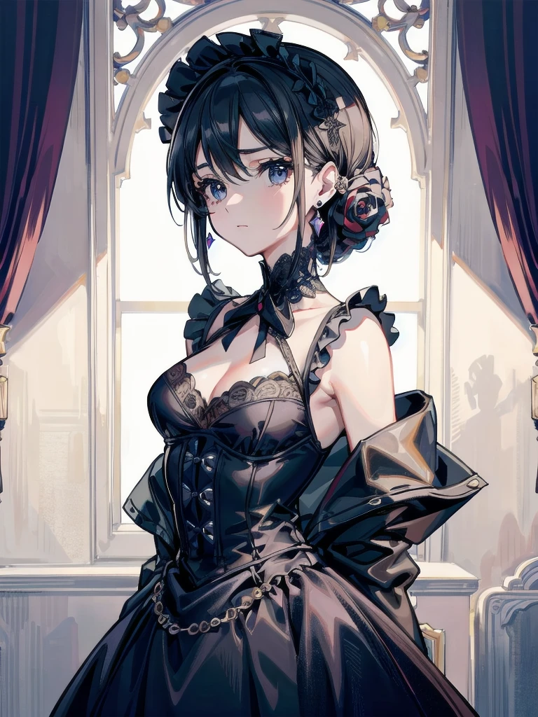 absurdres, RAW photo, extremely delicate and beautiful, masterpiece, Best Quality, ultra high resolution, 32k, hyperrealistic, ultra-detailed, perfect figure, in her 20s, very small head, very small face, delicate facial features, tearful mole, earring, big breasts, full body shot, medium hair, black hair, intricate Romantic Victorian Gothic Outfit,