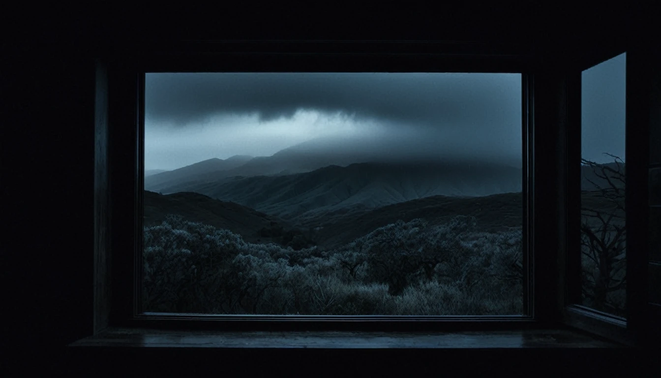 view from a dark window with black walls, outside dark mountains at night and dark trees black rain sky