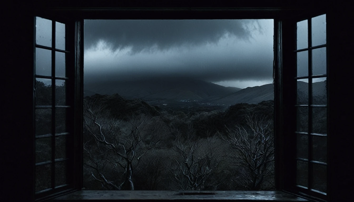 view from a dark window with black walls, outside dark mountains at night and dark trees black rain sky