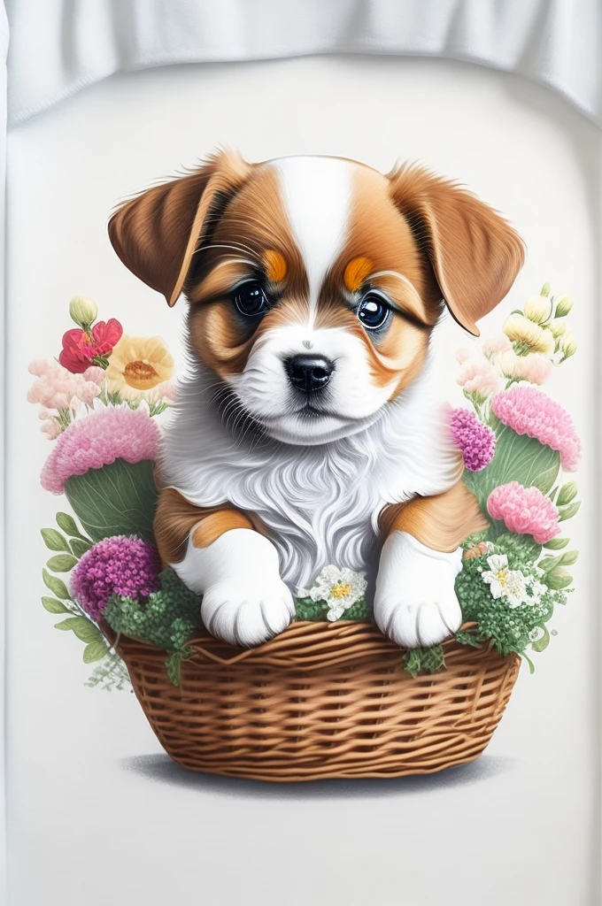 Yorkshire, Puppy, with a basket of flowers) , t shirt design, rzminjornada, vectorial art, White background