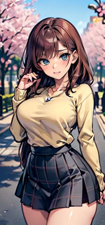 ((table top, highest quallity, high resolution, nffsw, pixel perfect, Written limit depth, 4K, nffsw, nffsw))), 1 girl, Solteiro, standing alone, cute anime girl, beautiful art style, anime character, ((long hair, bangss, chestnut hair)), ((greeneyes:1.4, round eyes, Beautiful eyelashes, realisitic eyes)), ((face detailed, blush:1.2)), ((smooth texture:0.75, realisitic texture:0.65, realisitic:1.1, anime CG style)), dynamic angle, ((brown sweater, longsleeve, Black Skirt, plaid hip skirt, chic, 1 diamond necklace)), ssmile, amusement park, ((Cherry blossoms, Cherry blossomsの花が散る))