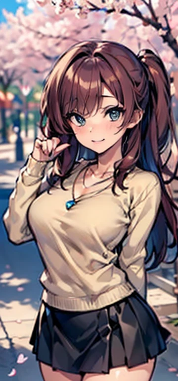 ((table top, highest quallity, high resolution, nffsw, pixel perfect, Written limit depth, 4K, nffsw, nffsw))), 1 girl, Solteiro, standing alone, cute anime girl, beautiful art style, anime character, ((long hair, bangss, chestnut hair)), ((greeneyes:1.4, round eyes, Beautiful eyelashes, realisitic eyes)), ((face detailed, blush:1.2)), ((smooth texture:0.75, realisitic texture:0.65, realisitic:1.1, anime CG style)),  dynamic angle, ((brown sweater, longsleeve, Black Skirt, plaid hip skirt, chic, 1 diamond necklace)), ssmile,  amusement park, ((Cherry blossoms, Cherry blossomsの花が散る))