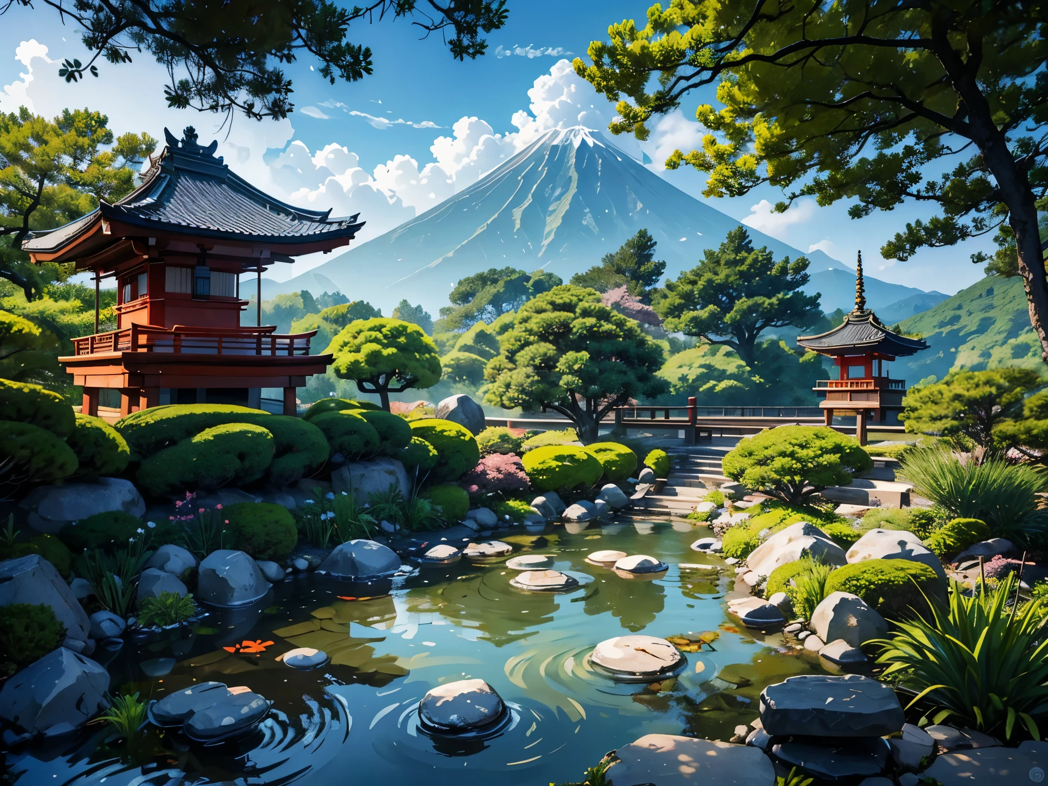 Japanese mystical zen garden with temple on top of the mountain with light wind blowing the bamboos, chimes playing in the wind with koi pond a stream of water and an island with a maple tree in the center and master with rake doing work in the sand bed and a shishi odoshi is working in the small waterfall in the koi pond, the sky is gray and storm clouds are approaching on the horizon