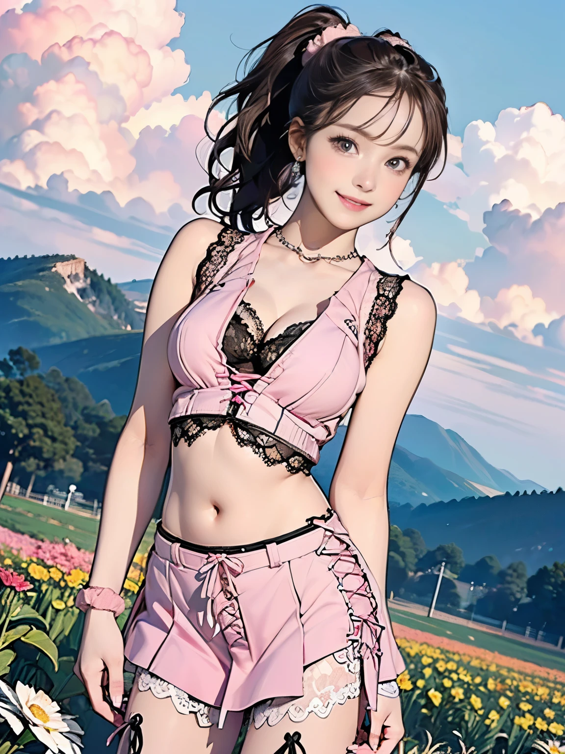 ((((Highest quality))))、(((Ultra-precision CG16K wallpaper)))、(((masterpiece)))、(((Super detailed)))、(((Extreme detail)))、((1Mature 29 year old woman:1.6))、((Very beautiful Japan face of a person))、((Urizane Face:1.8))、((Soft wavy ponytail medium hair:1.6))、(Shiny Hair)、A delicately drawn beautiful face、(Dark Eyes、Detailed pupil and iris、Reflected light from the eye)、double eyelid、High nose、Small nostrils、Small Mouth、Seductive lips、Beautiful breasts、((B cup size breasts))、Cleavage、A small vertical belly button、Delicate nails、Beautiful feet、Thin thighs、eight-headed body、Perfect proportions、Perfect Anatomy、Perfect composition、Beautiful detailed shading、Beautiful, natural lighting、Beautiful detail glow、Depth of written boundary、(((High chroma)))、(((Real:1.9)))、((vivid:1.5))、((Beautiful Skin))、((Skin Texture))、((Realな皮膚感))、(((Cowboy Shot:1.6)))、(((front view、shoot from front、front low angle:1.6)))、(((smile:1.5)))、(((looking at camera:1.6)))、Bright daylight、Natural light、(((background_Flower Field、Mountain、Sky and Clouds:1.5)))、(Gravure idol standing pose:1.6)、(((Pink pastel color lace-up tank top&Low-rise lace-up mini skirt:1.7)))、((Scrunchie Ribbon、Wearing earrings:1.5))、((Lace Stockings Clothed))、