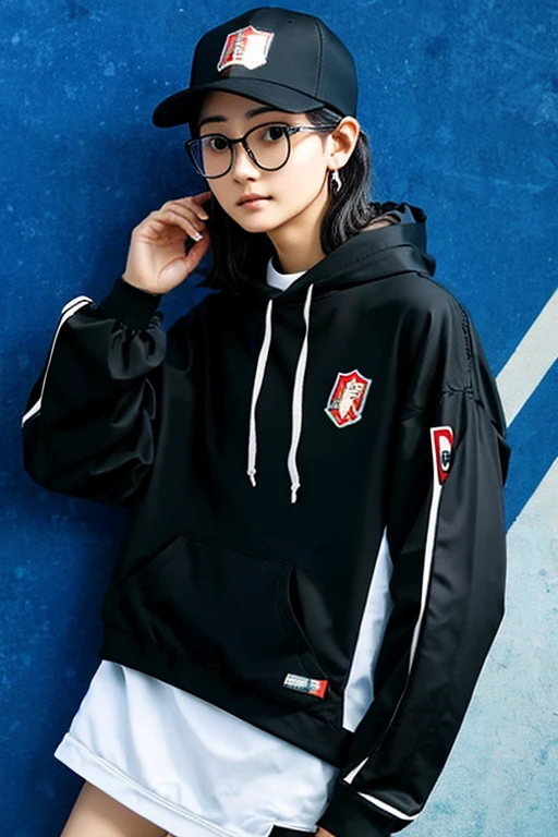 Highest quality、masterpiece、High sensitivity、High resolution、Detailed Description、Slender women、Slim Body、Glasses、hoodie、Baseball Cap、Street、
