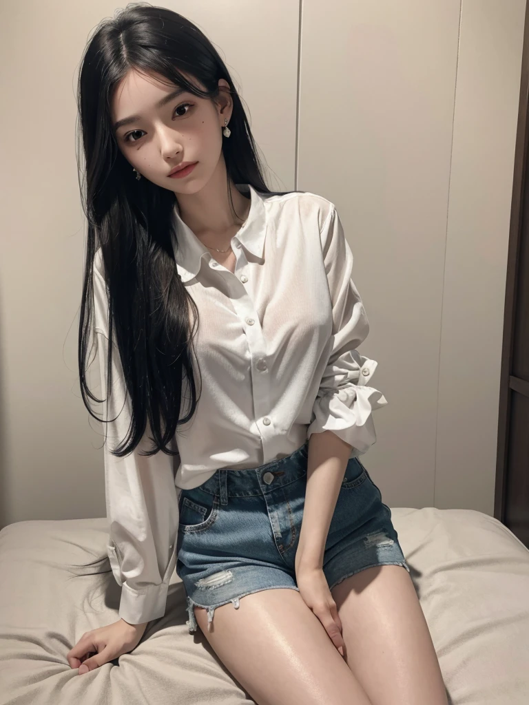 absurdres, RAW photo, extremely delicate and beautiful, masterpiece, Best Quality, ultra high resolution, 32k, hyperrealistic, ultra-detailed, perfect figure, in her 20s, very small head, very small face, delicate facial features, tearful mole, earring, huge breasts, huge breasts, full body shot, medium hair, black hair, collared shirt, shorts, legs,