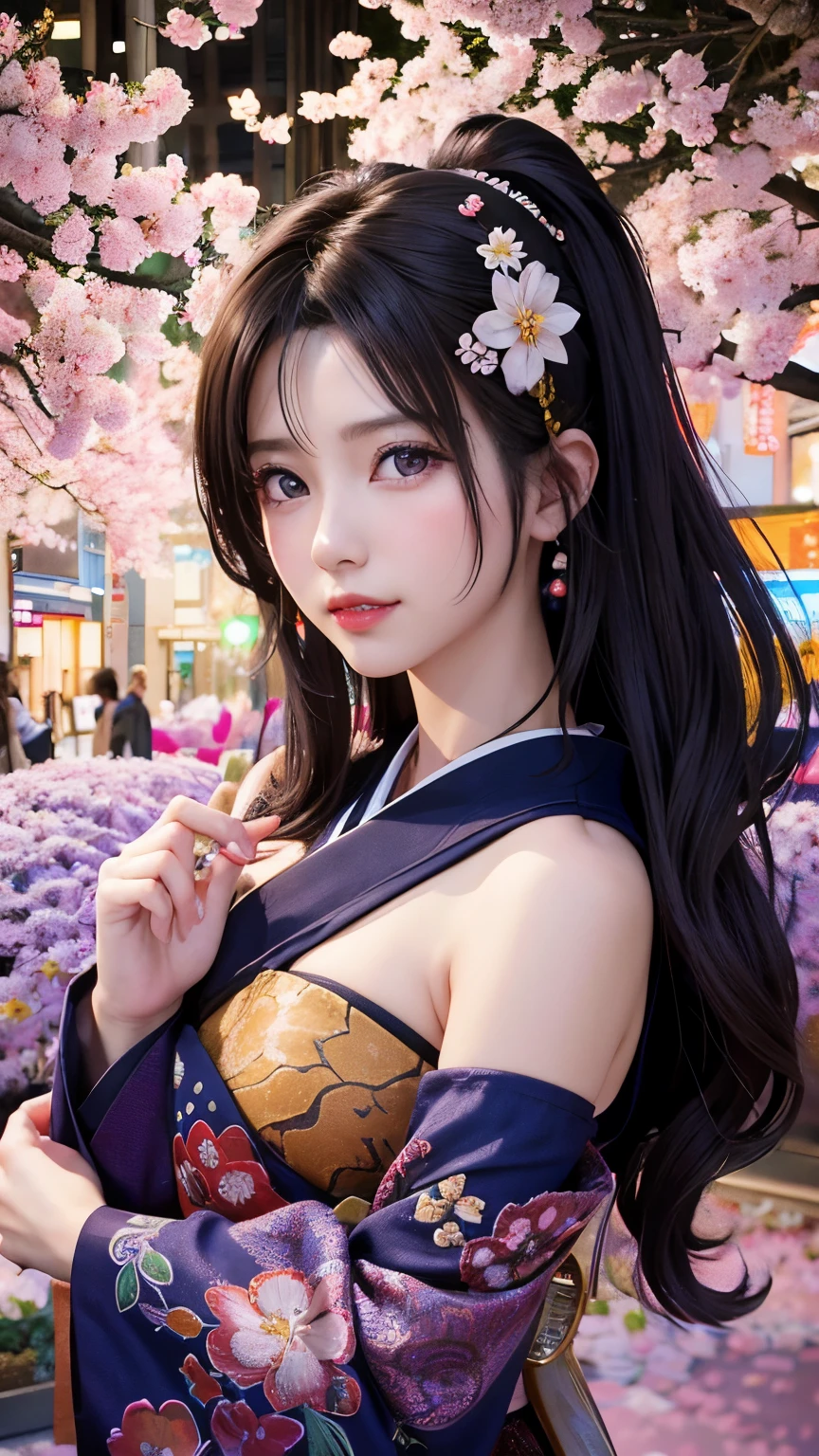Highest quality, Highest quality, 16K, Unbelievably absurd, Very detailed, delicate and dynamic, SFW, Natural light, The particles reflect the rainbow colors, Diffuse reflection of light, Vortex of Light, たくさんのcherry blossoms色の花びらが舞い降りる, Kyoto, Gion, night, Crescent Moon, Create amazing image effects, Upper body close-up, (, Cute sexy girl, Large bust, Sensual expression, peace, elegant, charm, Lure, geisha, hair ornaments, cherry blossoms, Flower Storm, Long black hair, Traditional Japanese Kimono, Tifa Lockhart Final Fantasy VII)