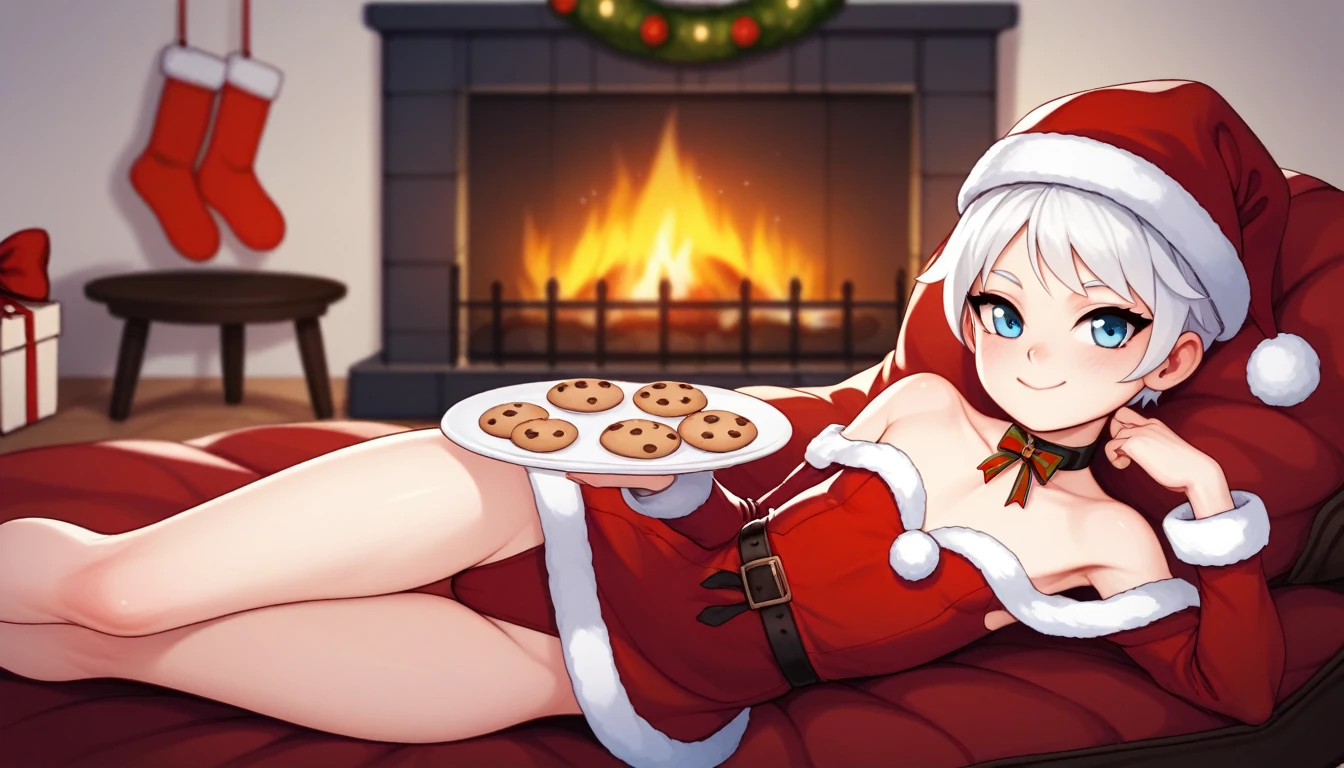 (((1girl))), short stature, slender body, pale white skin, ((short white hair)), ice-blue eyes, rosy cheeks, slightly androgynous, small breasts, Santa hat, red coat with fur trim, foil leotard, from behind, looking over shoulder, presents, youth, lounging in front of (fireplace), ((milk)), plate of cookies
