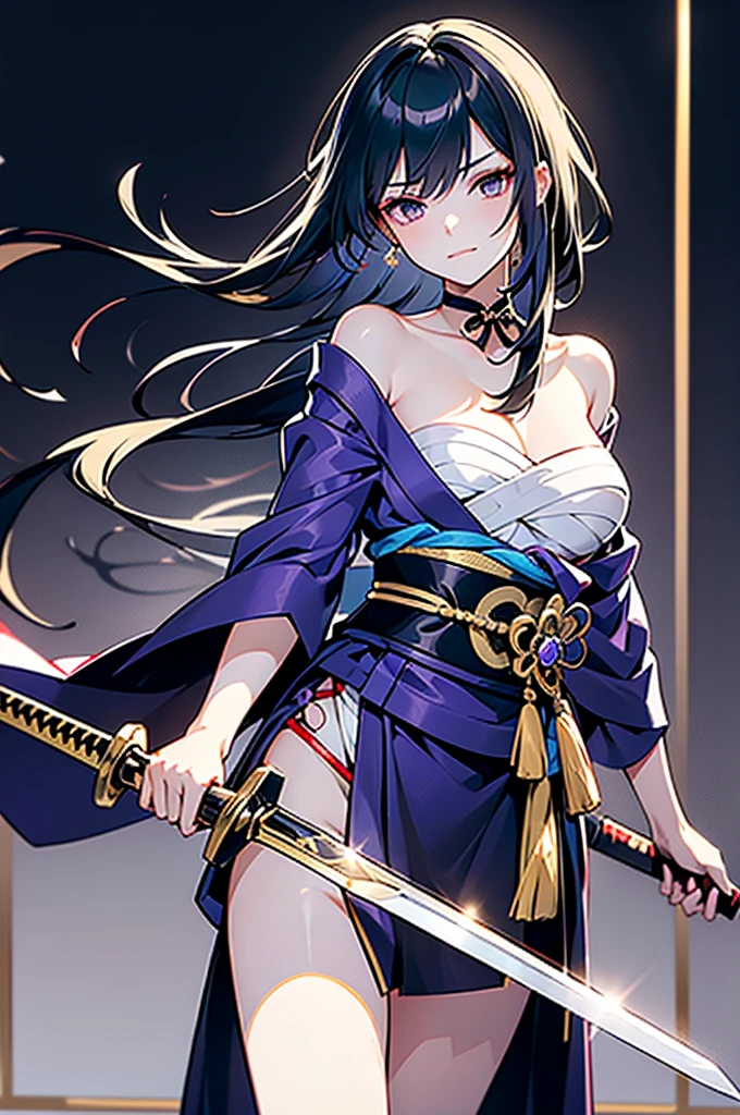 ((roll up bandage sideways on a chest tightly to cover the chest without gaps)), the bantage is no chest shape, flat chest, Japanese Gangster BOSS, adult woman with the dignified presence, Killing Qi, wear nothing around shoulder, wear nothing around neck, wear the kimono, wear it below the waist, (I wind it up to control it, and to attach it), ((kimono come off)) ,wear the kimono multiple times, Bare shoulders and the clavicle, black and gold kimono, put on over jacket of kimono, (holding a japanese sword which shine in purple, The handole of the sword is black, and the blade is gray, long sword), eye fire, low angle, whole body, bandage is seen, anime character, Glaring, off sholder, nappropriate smile, Excellent, black blue hair, can see both shoulder, long hem, small face