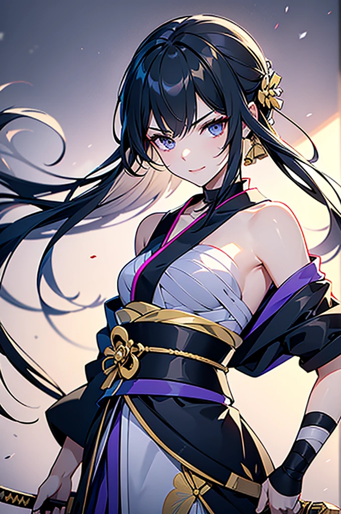 ((roll up bandage sideways on a  chest tightly to cover the chest without gaps)), the bantage is no chest shape, flat chest, Japanese Gangster BOSS, adult woman with the dignified presence, Killing Qi, wear nothing around shoulder, wear nothing around neck, wear the kimono, wear it below the waist, (I wind it up to control it, and to attach it),  ((kimono come off)) ,wear the kimono multiple times, Bare shoulders and the clavicle, black and gold kimono, put on over jacket of kimono, (holding a japanese sword which shine in purple, The handole of the sword is black, and the blade is gray, long sword), eye fire, low angle, whole body, bandage is seen, anime character, Glaring, off sholder, nappropriate smile, Excellent, black blue hair, can see both shoulder, long hem, small face
