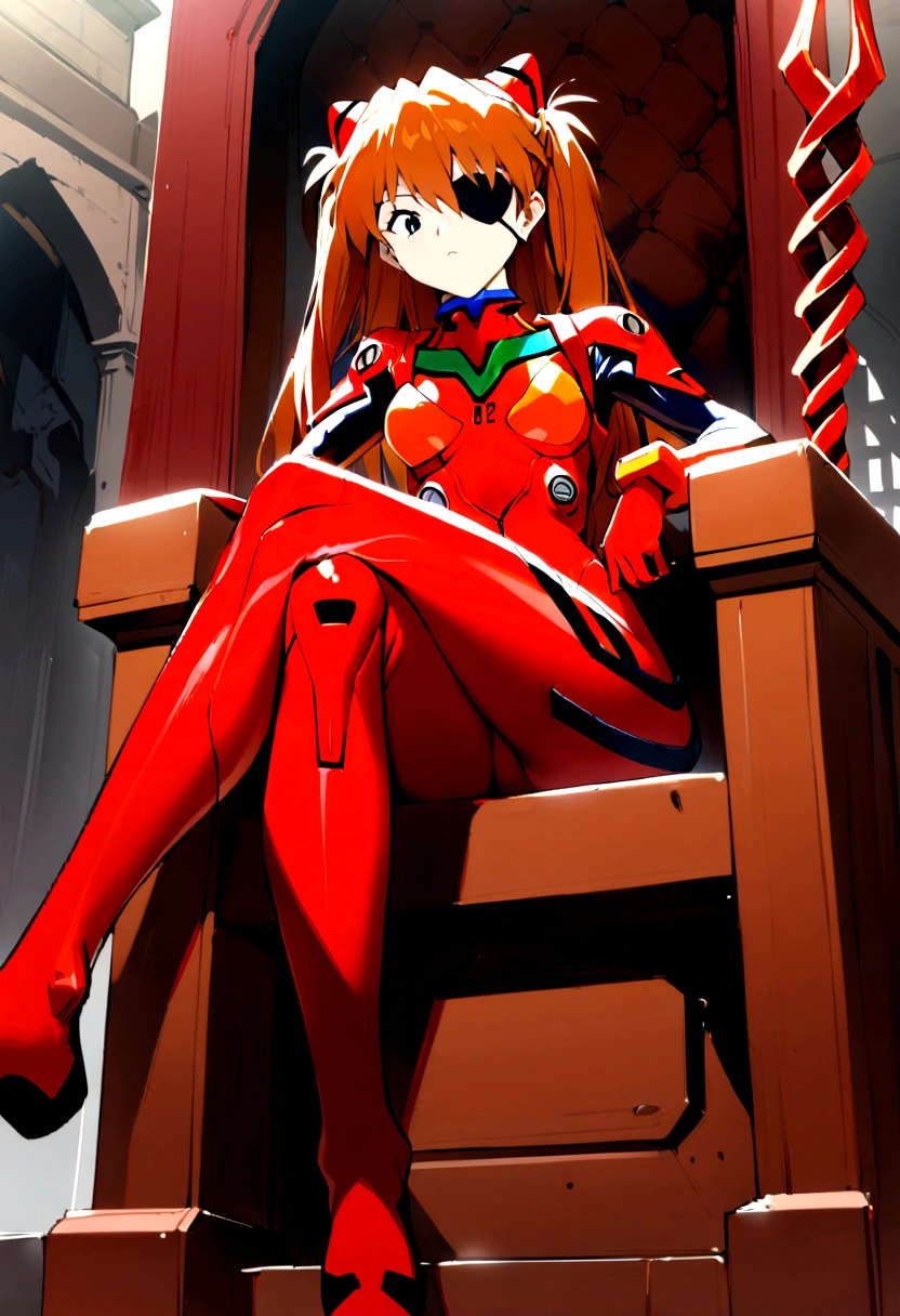 1girl, souryuu asuka langley, neon genesis evangelion, rebuild of evangelion, lance of longinus, cat hat, plugsuit, pilot suit, red bodysuit, sitting, crossed legs, black eye patch, throne, looking down, from bottom, looking at viewer, outdoors, masterpiece, best quality, very aesthetic, absurdres