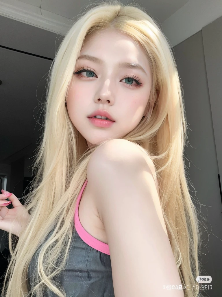 blonde girl with long hair and green eyes posing for a photo, Long blonde hair and big eyes, Long blonde hair and big eyes, ulzzang, blonde hair and big eyes, pale, shiny skin, roseanne park by blackpink, korean girl, 2 4 year old female model, South Korean popular makeup, very blonde hair, very pale, Ava Max, Wan adorable korean face