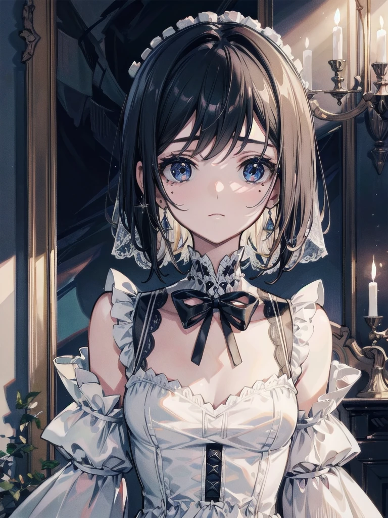 absurdres, RAW photo, extremely delicate and beautiful, masterpiece, Best Quality, ultra high resolution, 32k, hyperrealistic, ultra-detailed, perfect figure, in her 20s, very small head, very small face, delicate facial features, tearful mole, earring, huge breasts, full body shot, medium hair, black hair, intricate Romantic Victorian Gothic Outfit,