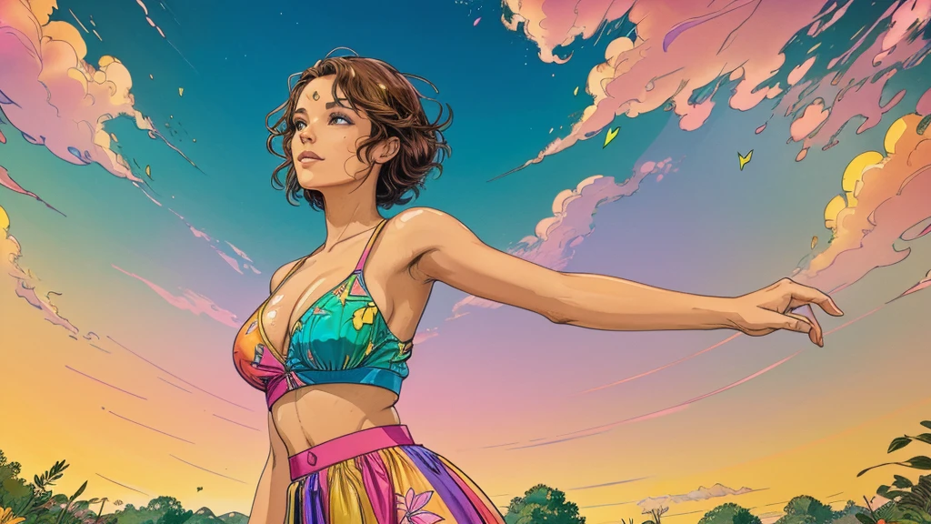 A photorealistic cute, slender aerobics instructor with very short brown hair, brown eyes, and dimples, standing confidently in a surreal natural landscape. She's wearing a flowing, elegant gown that complements her figure. The background features an impossibly vibrant meadow under a brilliant blue sky. Flowers of unearthly colors and fractal patterns bloom everywhere, their petals shifting and morphing in hypnotic ways. Giant, iridescent butterflies with kaleidoscopic wings flutter by. Trees with spiral trunks reach towards a sun that seems to pulse with rainbow colors. Clouds take on impossible geometric shapes, morphing and dissolving. The air is filled with shimmering, colorful particles that seem to respond to thought. Vibrant colors include electric blues, neon pinks, luminous greens, and radiant golds, all more vivid than seems possible. The lighting is intense and dreamlike, as if reality itself is overexposed, casting no shadows. Broad strokes of bright, contrasting colors sweep across the sky, creating mesmerizing patterns - vibrant oranges, electric purples, and pulsating teals dance and swirl overhead.