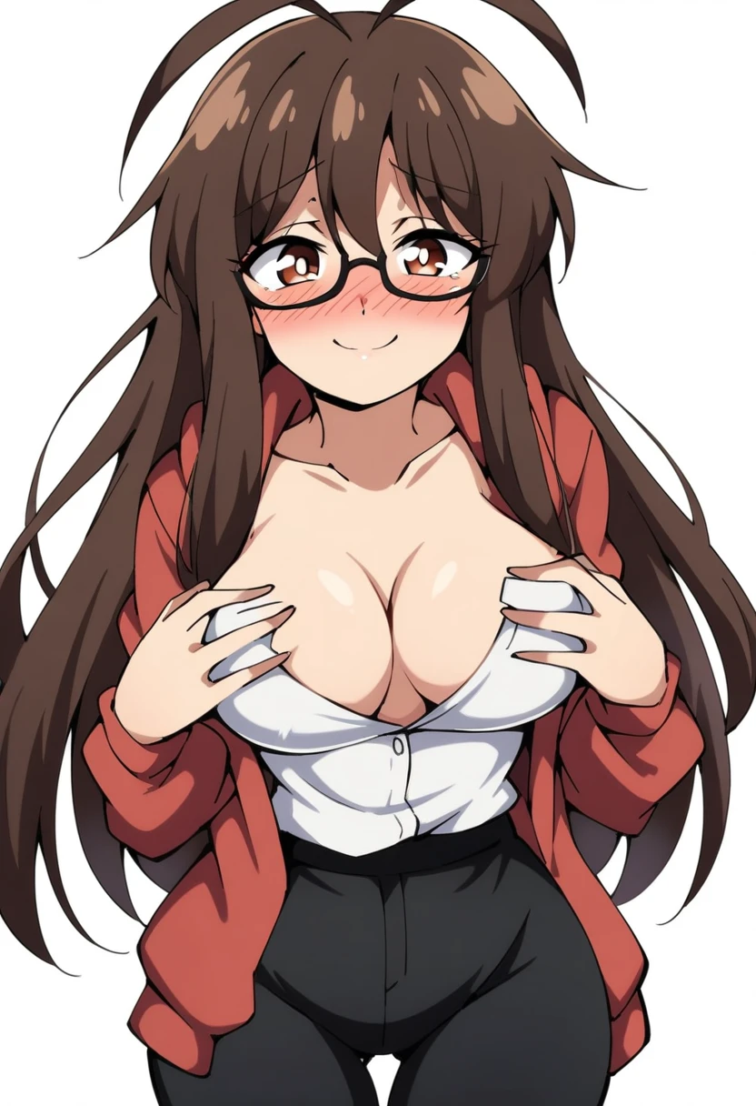 (mix1), anime art style, 2d, masterpiece, best quality, very aesthetic, absurdres, dynamic shadows, atmosferic, (1girl), (brown hair), antenna hair, long hair, brown eyes, eyeslashes, detailed eyes, glasses, ahoge, bangs, medium breasts, cleavage, collarbone, makeup, intense blush, red hoodie, white shirt, black pants, brown boots, open clothes, sexy smile, hands on own breasts, (cowboy shot), from front, looking at viewer, simple background, ((white background))