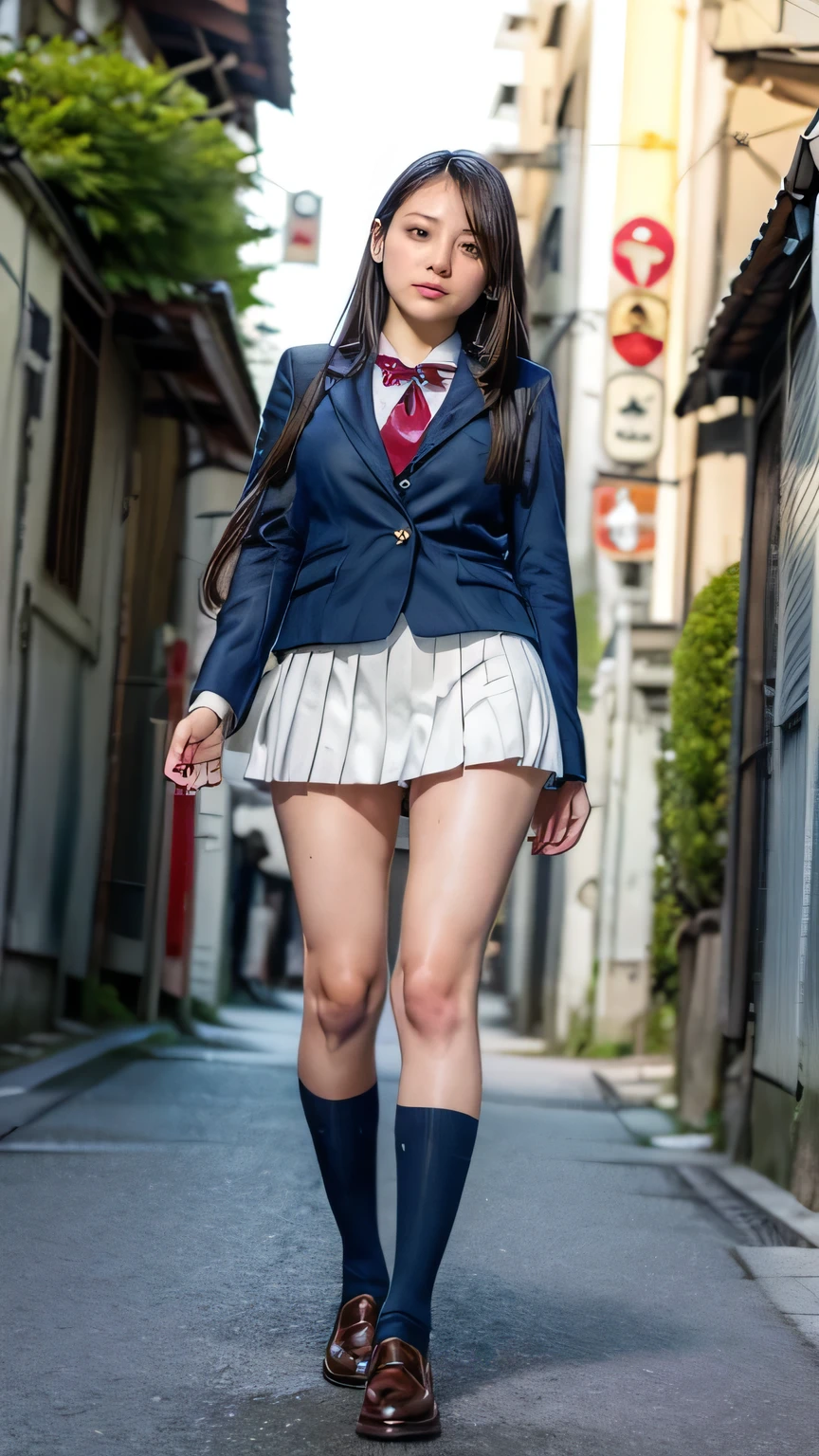 (High school girls walking on Tokyo street:1.2、blue sky)、((school uniform、blazer、Pleated skirt、Navy blue socks、loafers)、the wind is strong、(Realistic、Like a photograph、Live Action、8K, Realistic, RAW Photos, Best image quality: 1.4), Single-lens reflex camera、RAW Photos, Highest quality, Realistic, Highly detailed CG Unity 8K wallpaper, Written boundary depth, Cinematic Light, Lens flare, Ray Tracing, Realistic background、((ultra high density skin))、 Teenage girl on her way to school,Cute Japanese、(whole body:1.5)、Super detailed face，avert your eyes:1.1、(Silver inner color hair、Straight Long Hair:1.2、My hair flutters in the wind:1.4)、I like that style、stylish、Very detailed、Pay attention to the details、Perfect outfit、(Sunburned skin)、View from below、Accurate hands、Accurate legs、Detailed hands and fingers、Anatomically correct body、Thin legs、Thin thighs、Large Breasts、Detailed white panties