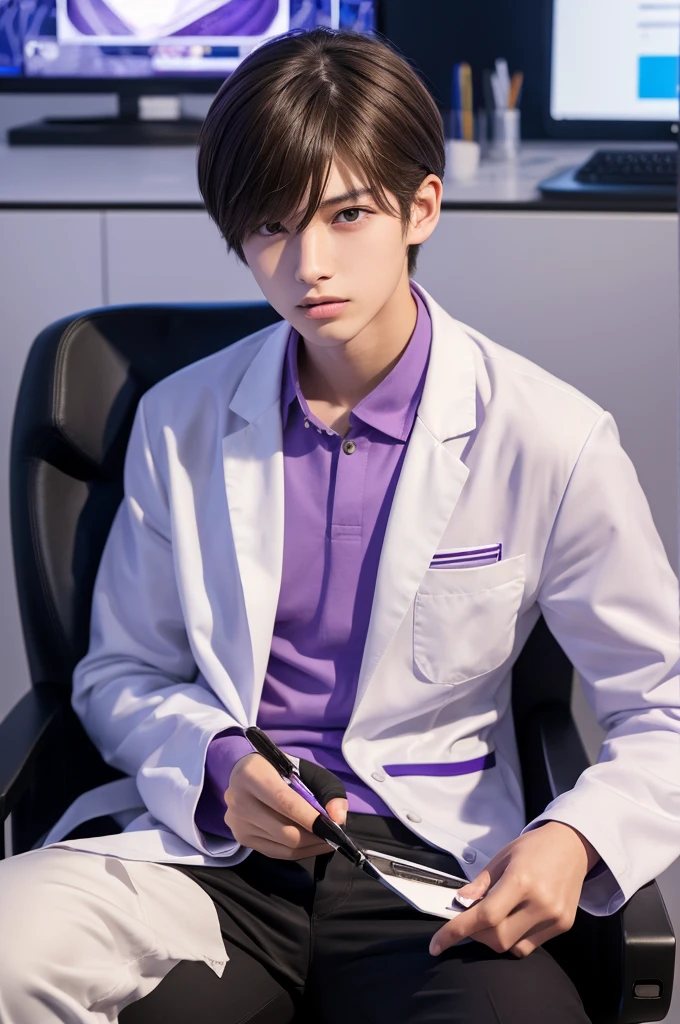 Genshin-style refreshing boy, 18 years old, slim, brown hair, purple eyes, cyber laboratory, dark future laboratory, researcher, white lab coat, biting a pen, biting a ballpoint pen with teeth, thinking, sitting on a luxurious black chair
