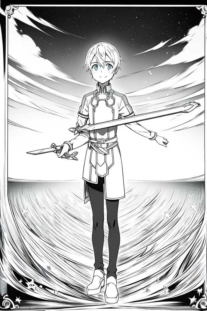 eugeo (sword art online), looking at viewer, 1 boy, masterpiece, happy, 4k, black and white, 4k, full body, high quality, sad smiling