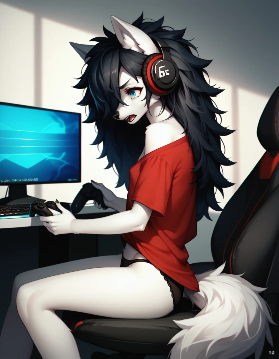 score_9,score_8_up,score_7_up, sierra, a young nerdy Anthro furry wolf woman, white furry body, tall, awkward, long black messy hair, hair covering one eye, long black hair, blue eyes, small breasts, white wolf tail, wearing oversized red shirt, black panties,sitting on a gamer chair, leaning back, holding a ps5 gaming controller,  looking at a tv screen, wearing gaming headphones, hands on a keyboard, raised eyebrows, mouth open, eyes half open, hands on a keyboard and mouse, in a messy bedroom, side view, 