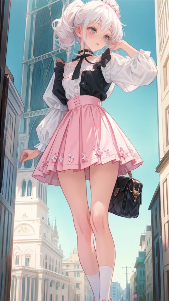 1girl, pink ponytail, half body, thighs socks, messy curly hair, multiple poses, detailed facial features, beautiful eyes, beautiful lips, delicate features, cinematic lighting, dramatic angles, ethereal, pastel colors, dreamlike, soft focus, digital art, masterpiece, cloudy weather, heterochromia, fluffy, standing,edgpskirt,wearing edgpskirt,punk skirt