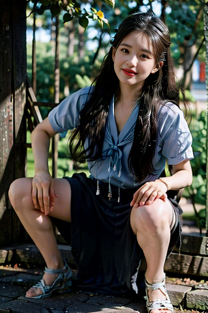Belly button, (spread legs:1.4), Leaning forward, Highest quality、4K、8K、High resolution、masterpiece: 1.2、 Very detailed、Genuine、Realistic、Realistic: 1.37、(A beautiful 15-year-old woman wearing a Japanese junior high school uniform:1.2)、(Beautiful delicate eyes with long eyelashes、Beautiful and delicate lips、Her face is very detailed and clear、Beautiful face with a big nose)、(She is squatting with her legs spread wide.:1.55)、(Shoot from below, Focus on the groin area between the legs)、(She lifts the hem of her skirt to reveal her panties)、(With a look of sexual climax:1.4)、(Expressions of embarrassment and excitement:1.43)、(This is a classroom)、Impressive landscapes are depicted、Exquisitely drawn characters、Vivid, Detailed Texture、Professional Writing、Vibrant colors、Warm and soft colors、Three-dimensional effect expressed through light and shadow、cr1r3
