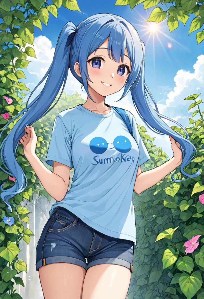 Summer sky　Summer sunshine　A continuous hedge of morning glories　wind chimes　Light blue long hair　Beautiful girl with twin tails　T-Shirts　Denim G-Pan　Bright smile　