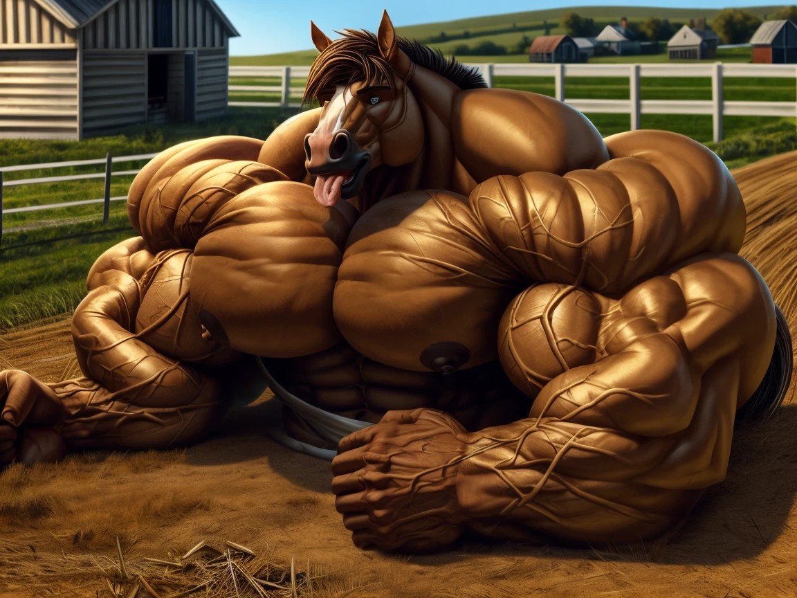 Exaggeratedly muscular horse, prominent veins, huge pecs, ed expression, tongue out, lying on the floor of a farm, holding his huge cock (swearing semen).