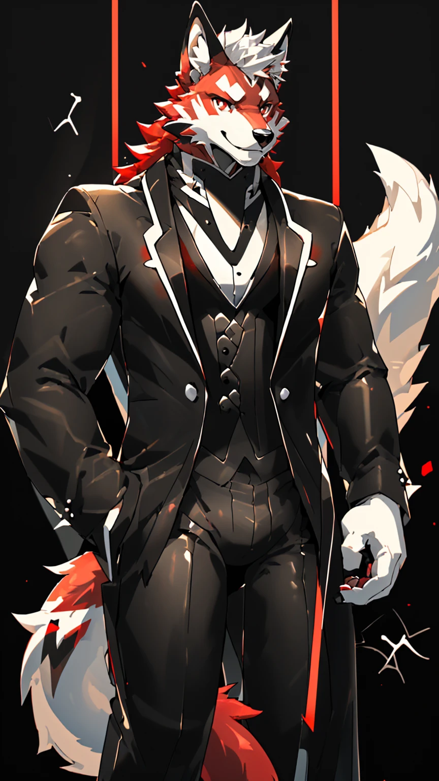 Orange background,high resolution,4K,masterpiece,high quality,35 years old,((Wolfdog)),male,((whole body:1.4,Strike a pose:1.5,Mature:1.3,Smiling face:1.4)),WolfdogFurry,(Uncle figure:1.5,hairy),((Moderate:1.2)),((Strong body:1.5,Long legs:1.3,big ear:1.3,Thick long tail,(((White and black suit 1:3))),(((White hair:1.4,Red hair:1.2,Wild muscles:1.4,Red eyes:1.4,White chest:1.6,White belly:1.6,Red Hand:1.4,Red and white tail:1.3))),Delicate eyes:1.6,Fine details,Detailed body,(Detailed hand details:1.4)