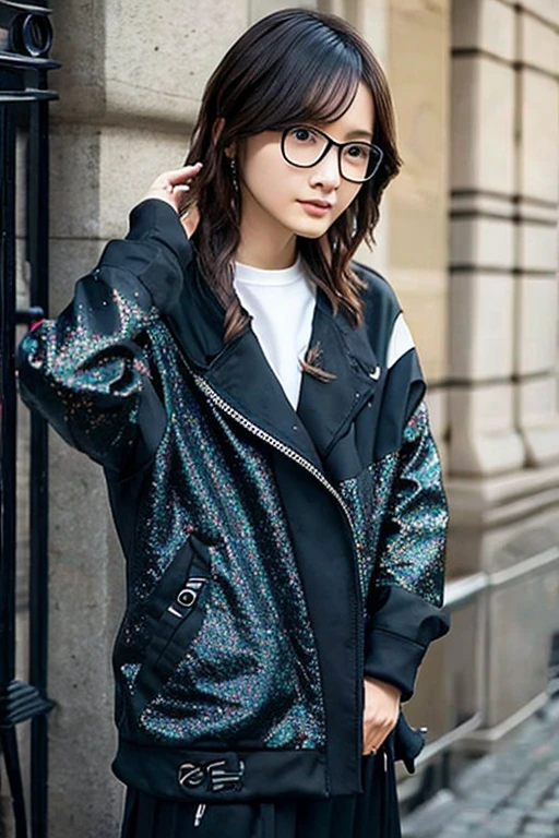 Highest quality、masterpiece、High sensitivity、High resolution、Detailed Description、Slender women、Slim Body、Glasses、hoodie、Street、
