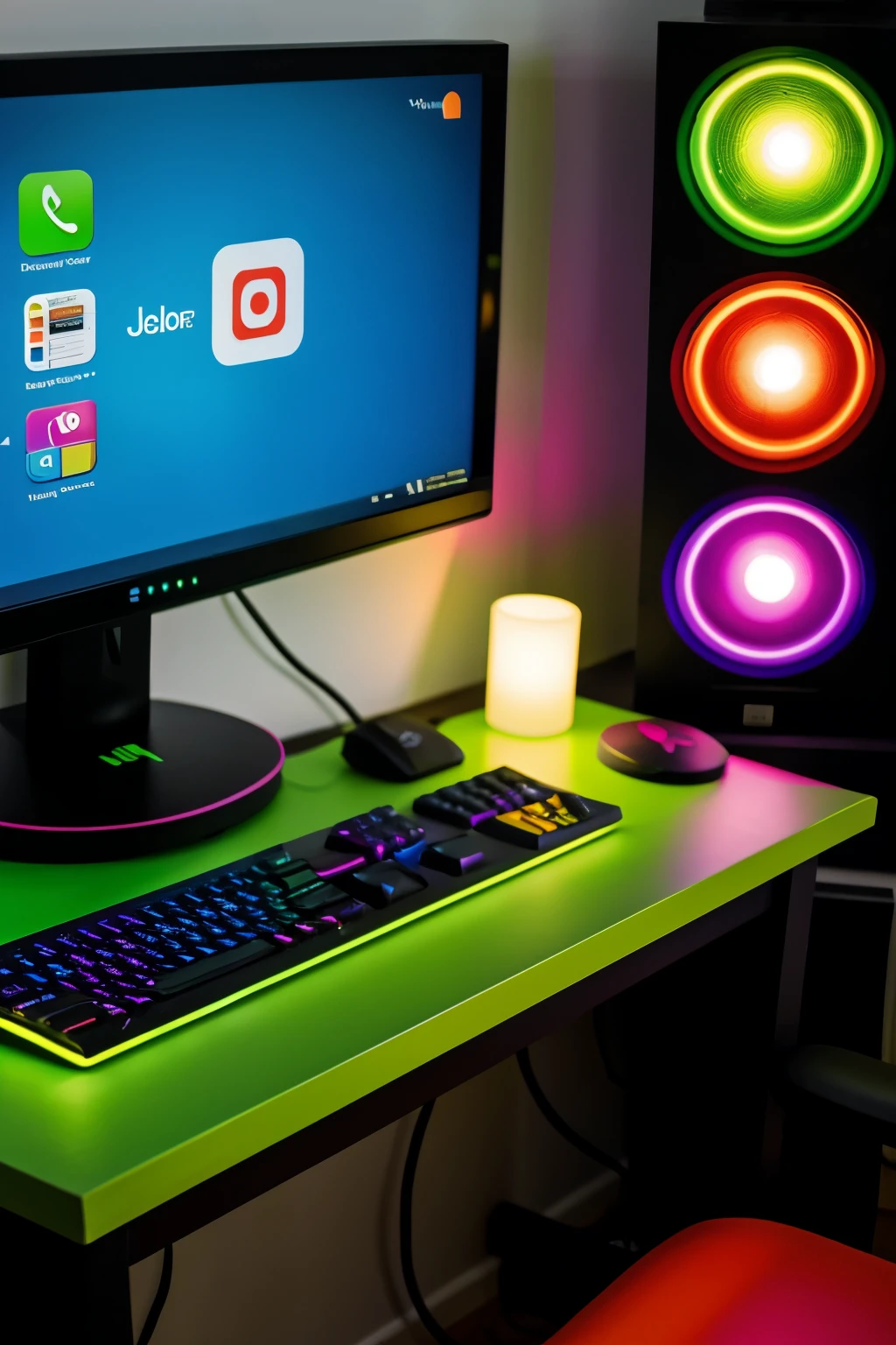 on a desk, There must be a gamer computer with many colors around it
