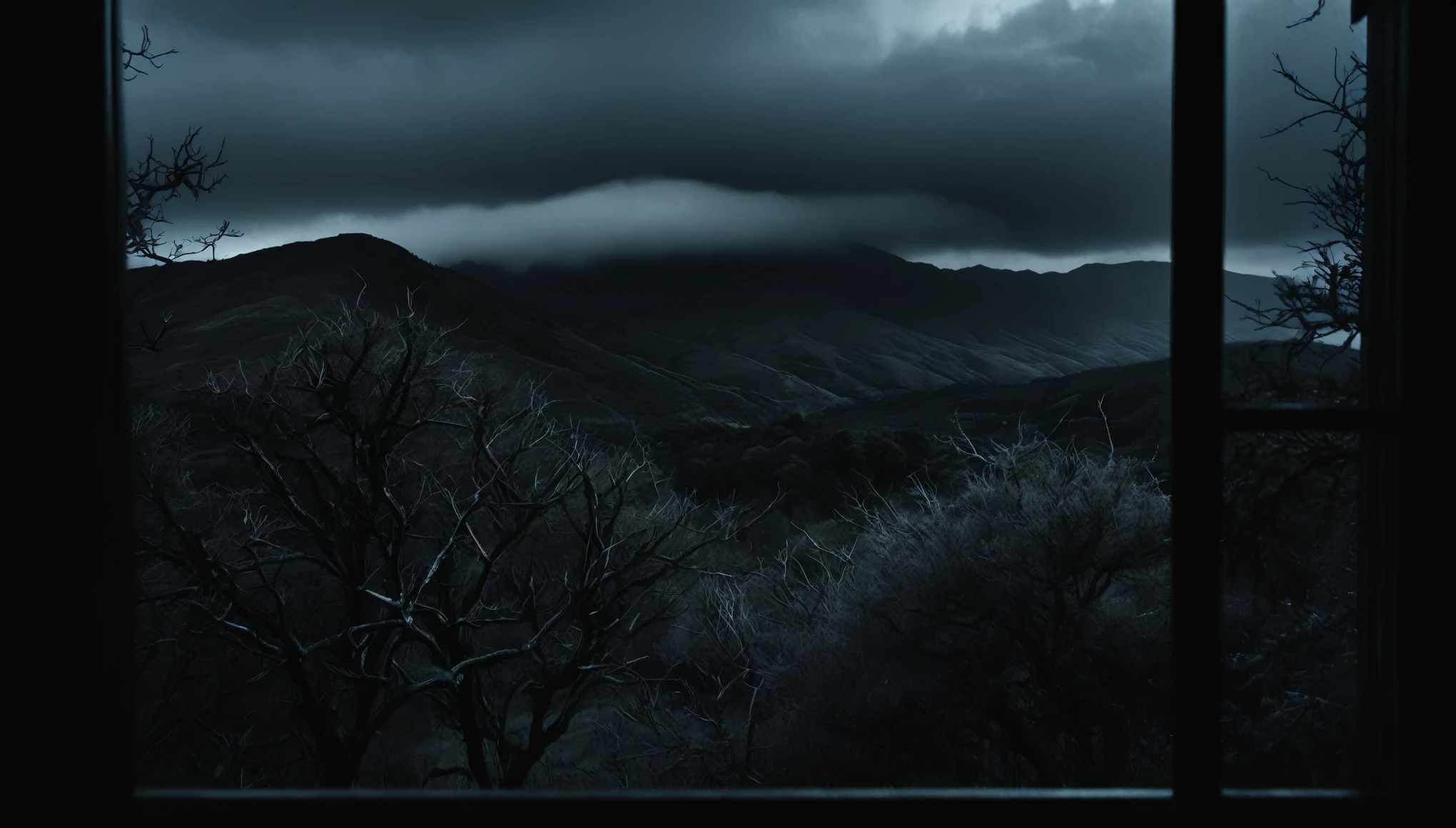 view from a dark window with black walls, outside dark mountains at night and dark trees black rain sky