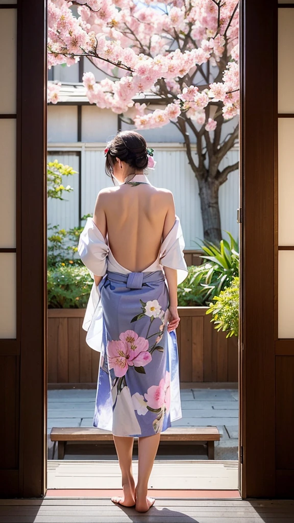 (masterpiece, Highest quality:1.4) 8K, 85mm, Absurd, (Floral Yukata:1.4)violet,No clothes on the back、((Half naked:1.8))、((Facing away,I can&#39;t see your face:1.8)) Gardenia, Delicate girl, alone, night, Not looking at the audience, Upper Body, Film Grain, chromatic aberration, Sharp focus, Face Light, Professional Lighting, Sophisticated, (Simple Background, Bokeh Background:1.2), detailed aspects,(((Show one breast:1.37))),((Very young and immature & Very few &  Very flat chest:1.2),(Pink fashion glasses,1),(From behind, Showing vagina with penis inside:1.8)