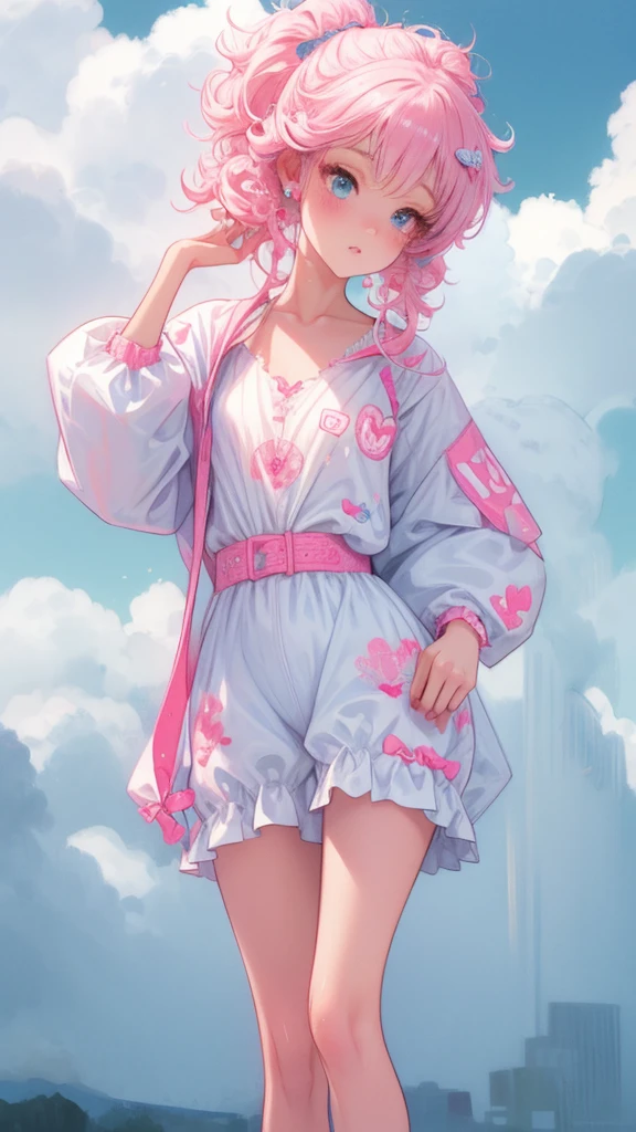 1girl, pink ponytail, half body, thighs socks, messy curly hair, multiple poses, detailed facial features, beautiful eyes, beautiful lips, delicate features, cinematic lighting, dramatic angles, ethereal, pastel colors, dreamlike, soft focus, digital art, masterpiece, cloudy weather, heterochromia, fluffy, standing