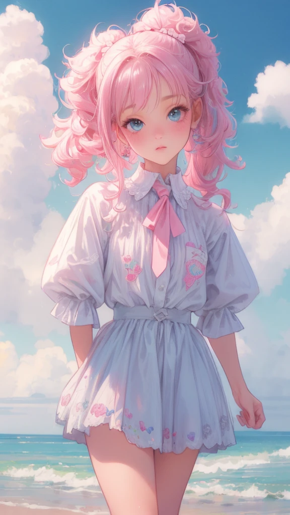 1girl, pink ponytail, half body, thighs socks, messy curly hair, multiple poses, detailed facial features, beautiful eyes, beautiful lips, delicate features, cinematic lighting, dramatic angles, ethereal, pastel colors, dreamlike, soft focus, digital art, masterpiece, cloudy weather, heterochromia, fluffy, standing