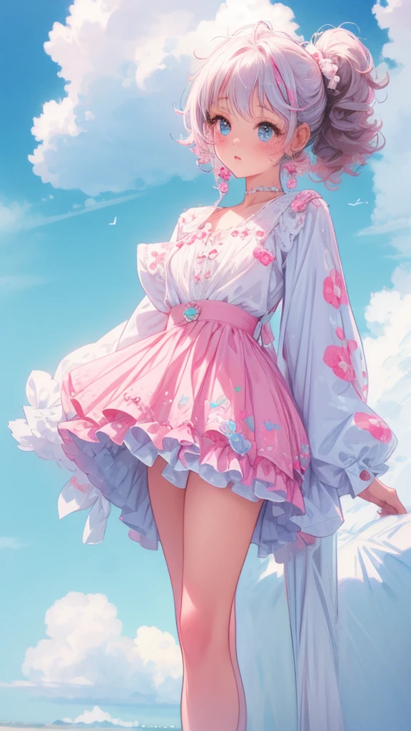 1girl, pink ponytail, half body, thighs socks, messy curly hair, multiple poses, detailed facial features, beautiful eyes, beautiful lips, delicate features, cinematic lighting, dramatic angles, ethereal, pastel colors, dreamlike, soft focus, digital art, masterpiece, cloudy weather, heterochromia, fluffy, standing