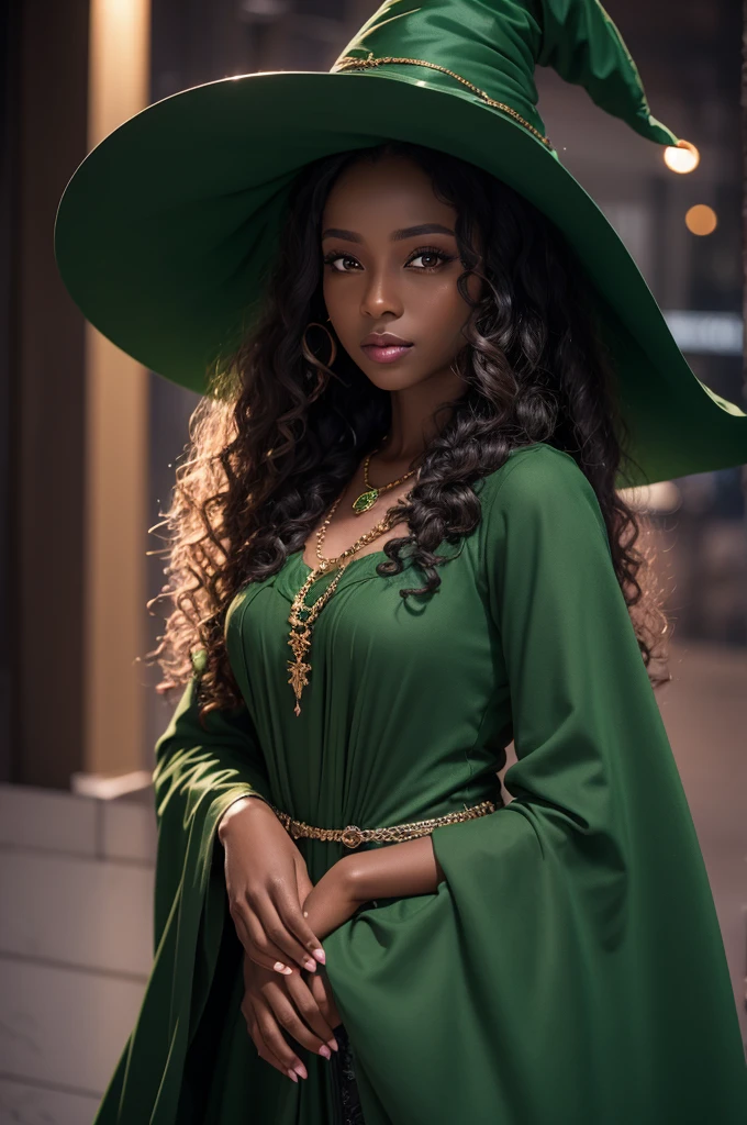 dark skinned woman with long curly hair wearing witch hat [long green dress and sleeve blouse] on a background of lights
