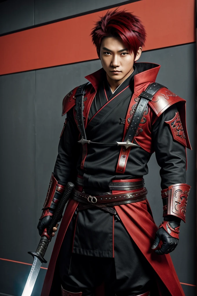 Japanese boy with black and red hair, with sky-colored eyes, demon hunter uniform, haori rojo, sword, athletic and handsome build