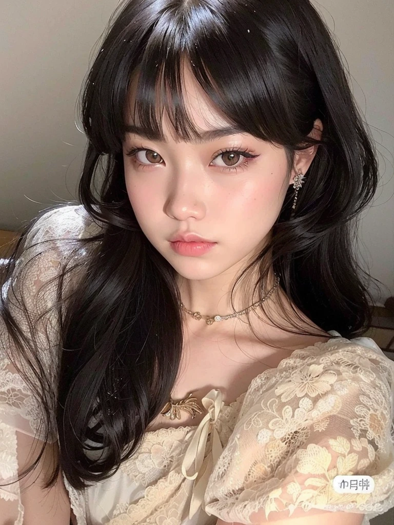 a close up of a woman with long hair wearing a dress, ulzzang, lalisa manobal, white hime cut hairstyle, with long hair and piercing eyes, she has black hair with bangs, cruel korean goth girl, the hime cut, hime black haircut, maquiagem sul-korean popular, Lalisa Manoban do Blackpink, korean, with bangs